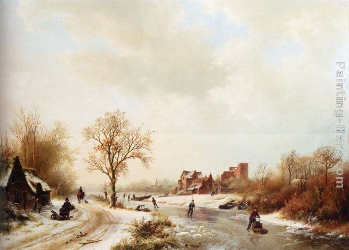 Winterlandschap A Winter Landscape With Skaters On A Frozen Waterway And Peasants By A Farm In The Foreground painting - Barend Cornelis Koekkoek Winterlandschap A Winter Landscape With Skaters On A Frozen Waterway And Peasants By A Farm In The Foreground art painting